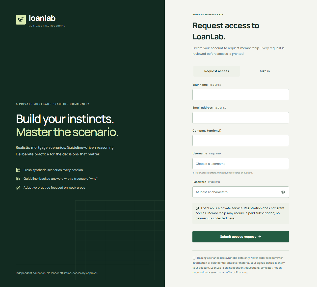 LoanLab's private membership signup page with its leaf logo and request-access form