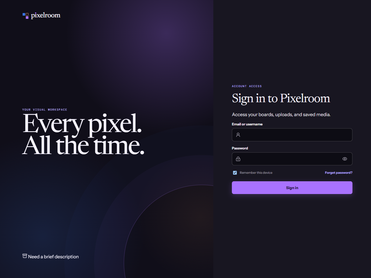 Pixelroom's sign-in page with a purple background and account form