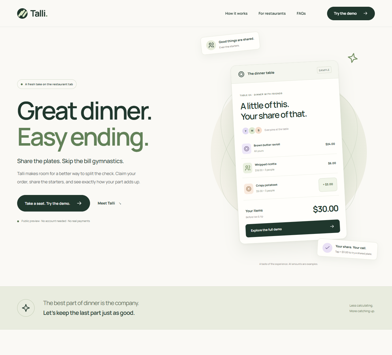 Talli's public product preview with a restaurant bill-splitting demo
